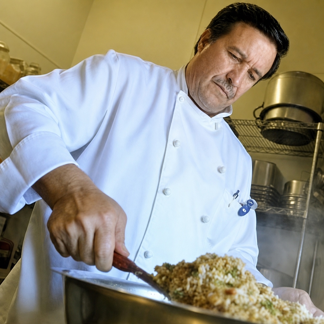Rigo, chef and owner of Rigo's Place, cooking in the kitchen